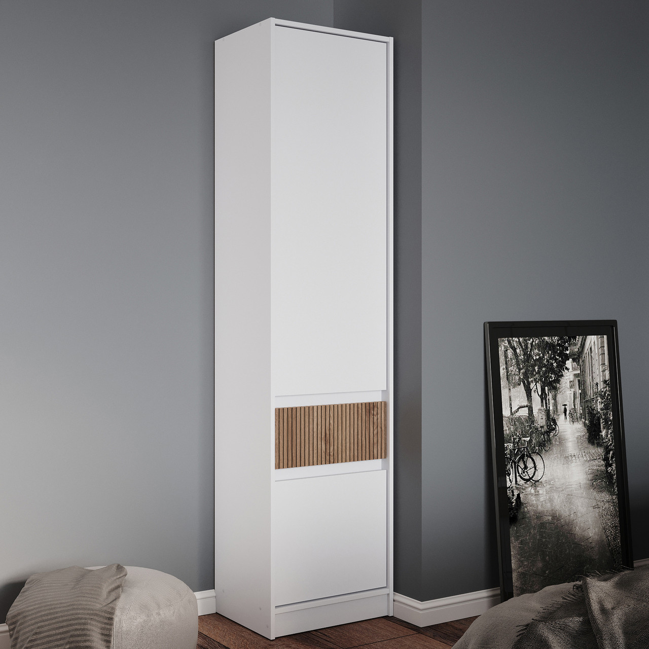 Шафа-пенал закрита з полицями та шухлядою Еверест Стайл-500 50х39х203 см Німфея Альба (білий)/Канелла (DTM-073573), фото 1