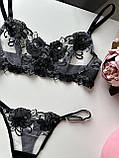 Повсякденний комплект жіночої білизни з вишивкою чорний з сіточкою, фото 9