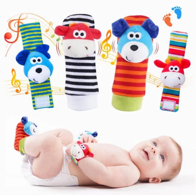 Розвиваючі браслети та шкарпетки брязкальця Sozzy (набір 4 штуки) ОРИГІНАЛ "теля і щеня", фото 1