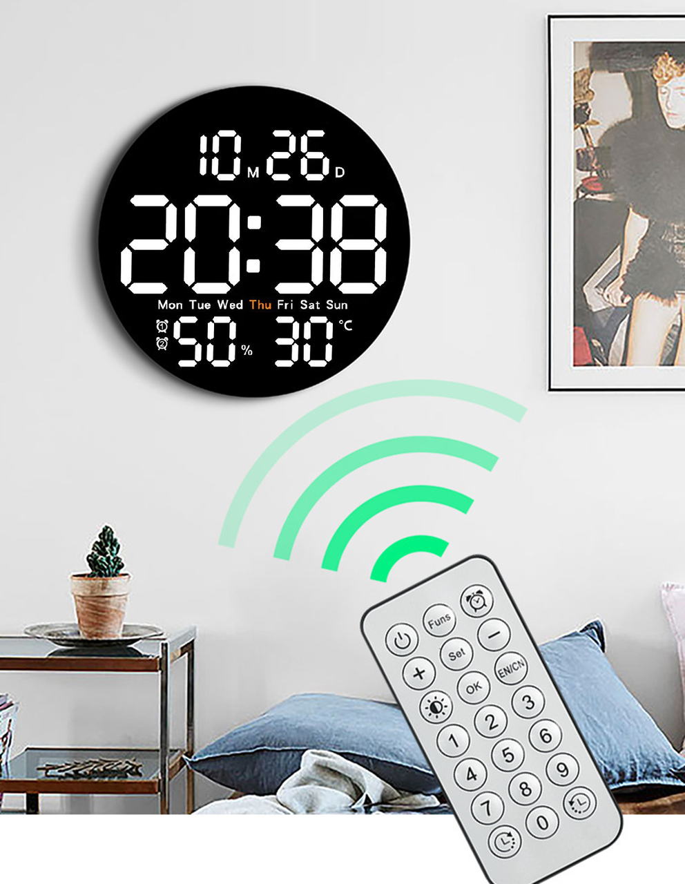 Годинник Deepfox DS-5501 LED цифровий електронний настінний Будильник Дата Температура Вологість (діаметр 25,4см) білий, фото 1