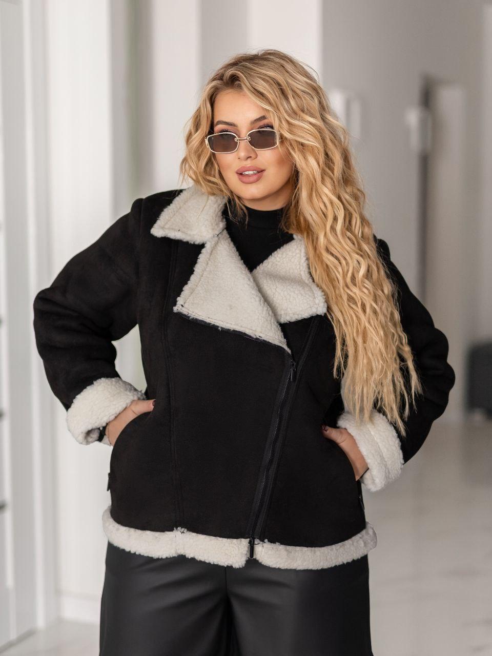 Жіноча дублянка з білим штучним хутром Модель: 767-052 Колір: білий хутро / основа — чорна, фото 1