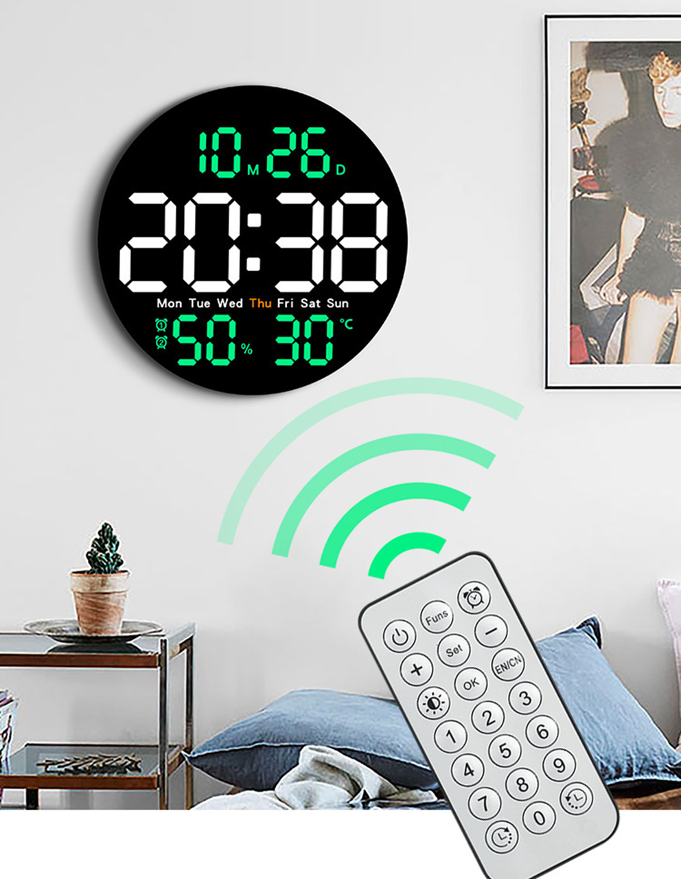 Годинник Deepfox DS-5501 LED цифровий електронний настінний Будильник Дата Температура Вологість (діаметр 25,4см) зелений, фото 1