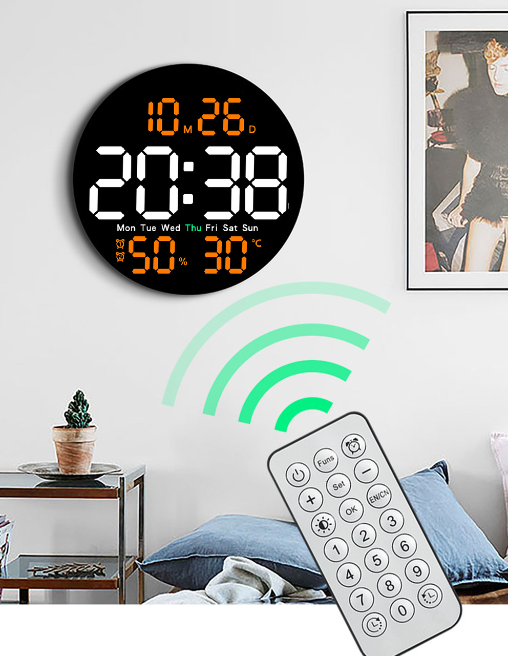 Годинник Deepfox DS-5501 LED цифровий електронний настінний Будильник Дата Температура Вологість (діаметр 25,4см) оранжевий, фото 1