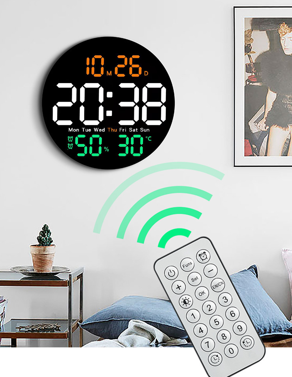 Годинник Deepfox DS-5501 LED цифровий електронний настінний Будильник Дата Температура Вологість (діаметр 25,4см) різнокольоровий, фото 1