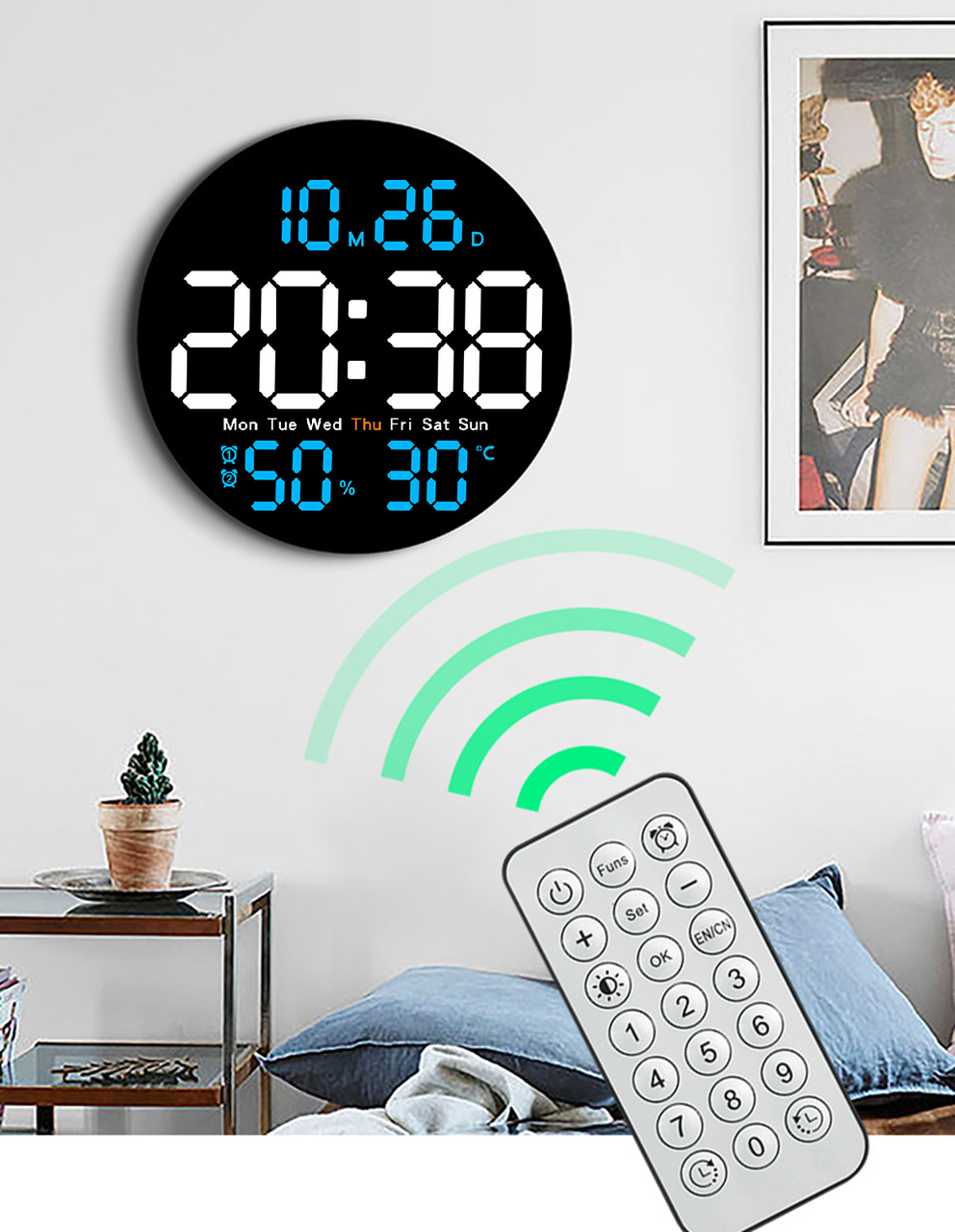Годинник Deepfox DS-5501 LED цифровий електронний настінний Будильник Дата Температура Вологість (діаметр 25,4см) синій, фото 1
