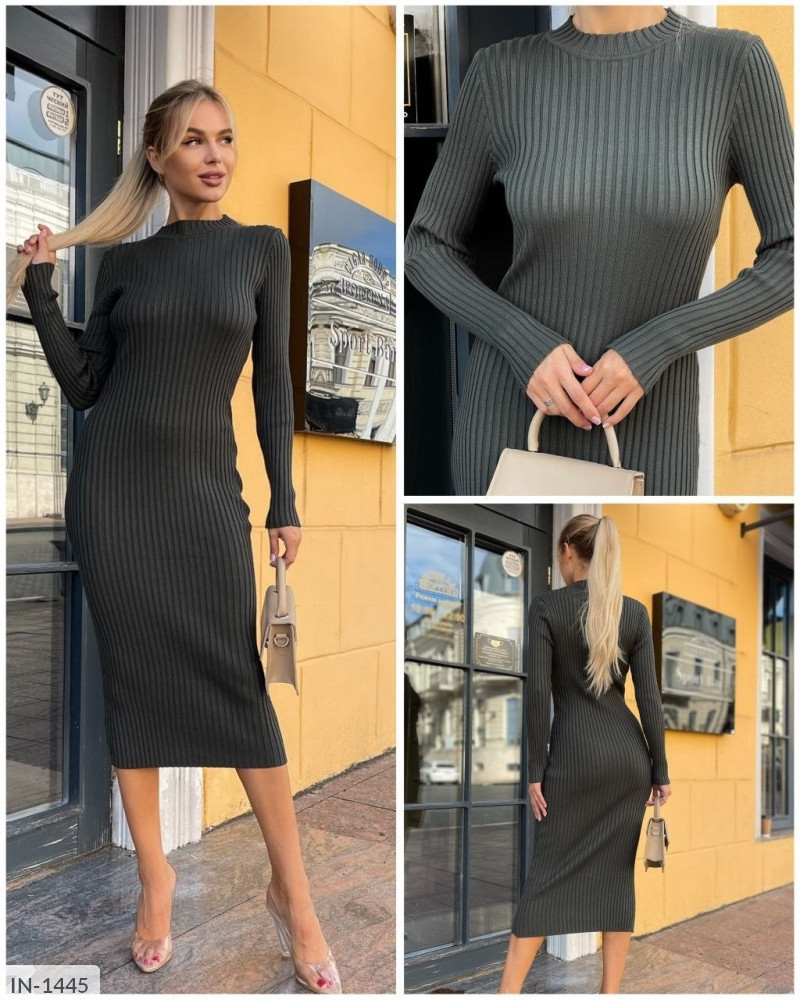 Плаття жіноче приталене однотонне по фігурі нижче колін міді в'язаний трикотаж рубчик із довгим рукавом