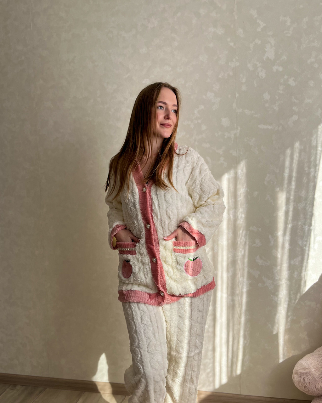 Жіноча махрова піжама з персиками S-M, фото 1