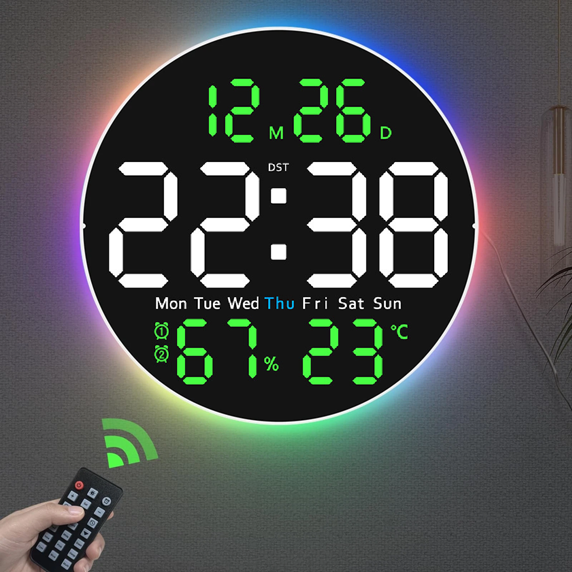 Годинник Deepfox DS-6672 LED цифровий електронний настінний Будильник Дата Температура Вологість (діаметр 25,4см) зелений, фото 1