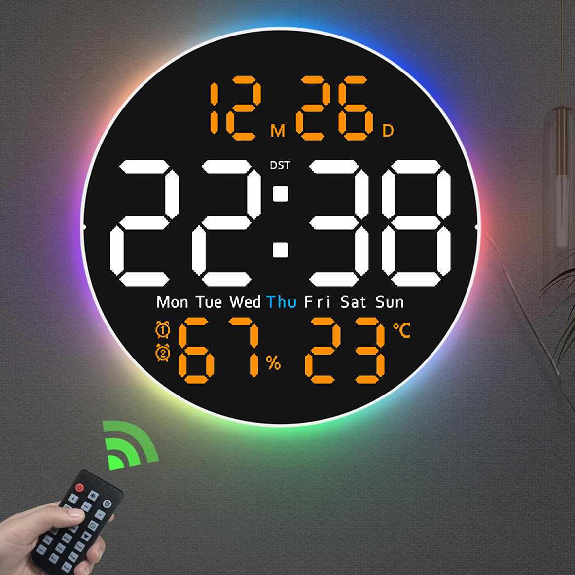 Годинник Deepfox DS-6672 LED цифровий електронний настінний Будильник Дата Температура Вологість (діаметр 25,4см) оранжевий, фото 1