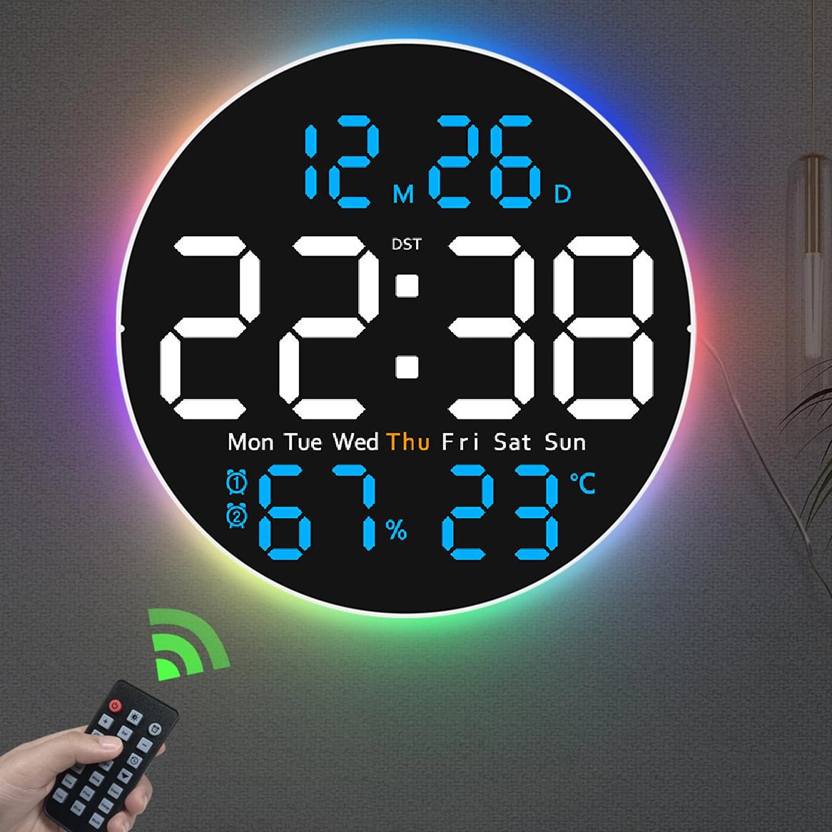 Годинник Deepfox DS-6672 LED цифровий електронний настінний Будильник Дата Температура Вологість (діаметр 25,4см) синій, фото 1