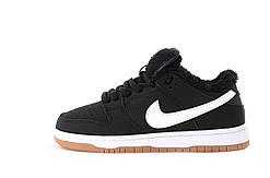 Зимові чорні з білим чоловічі шкіряні кросівки Nike SB Dunk Black White Fur кросівки Найк СБ Данк на хутрі
