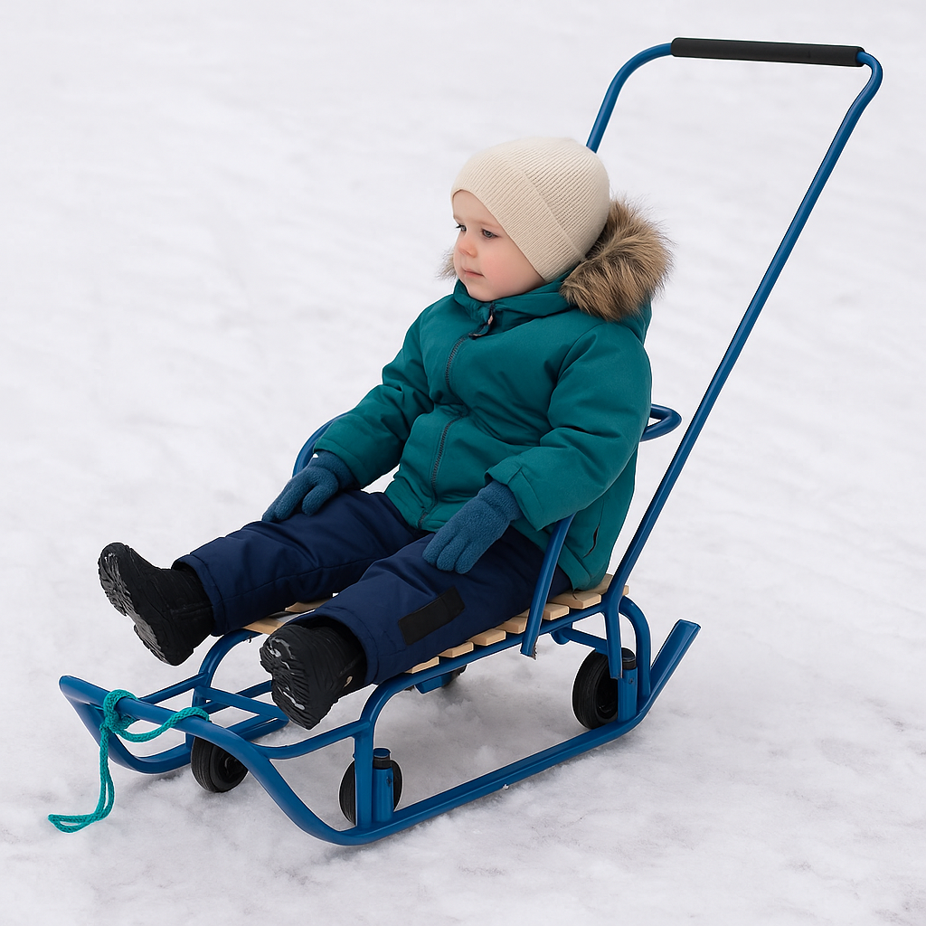 Дитячі санки Baby Elit із висувними колесами, зручною спинкою та складною ручкою. Зимові санчата для дітей, синього кольору.