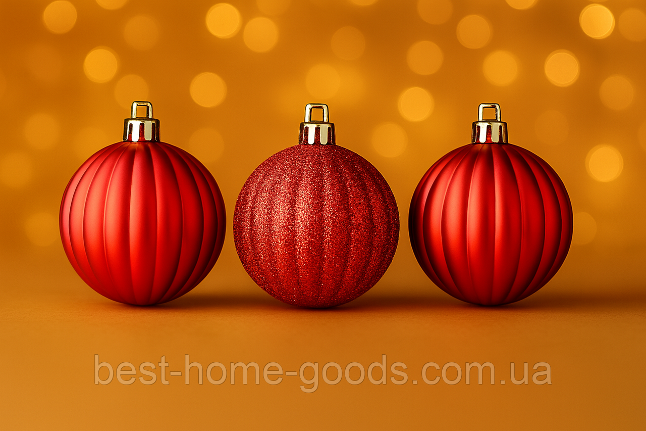 Набір ялинкових куль “Рельєфна” 3‑в‑1 Ø 8 см, 6 шт — матова, глянцева та з блискітками, пластик, 12 кольорів з поздовжніми канавка, фото 1