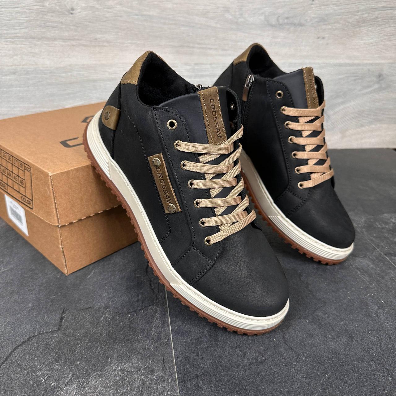 Зимові чоловічі шкіряні черевики, кросівки на блискавці чорні утеплені з натуральної шкіри на хутрі на зиму, розмір 40-45, фото 1