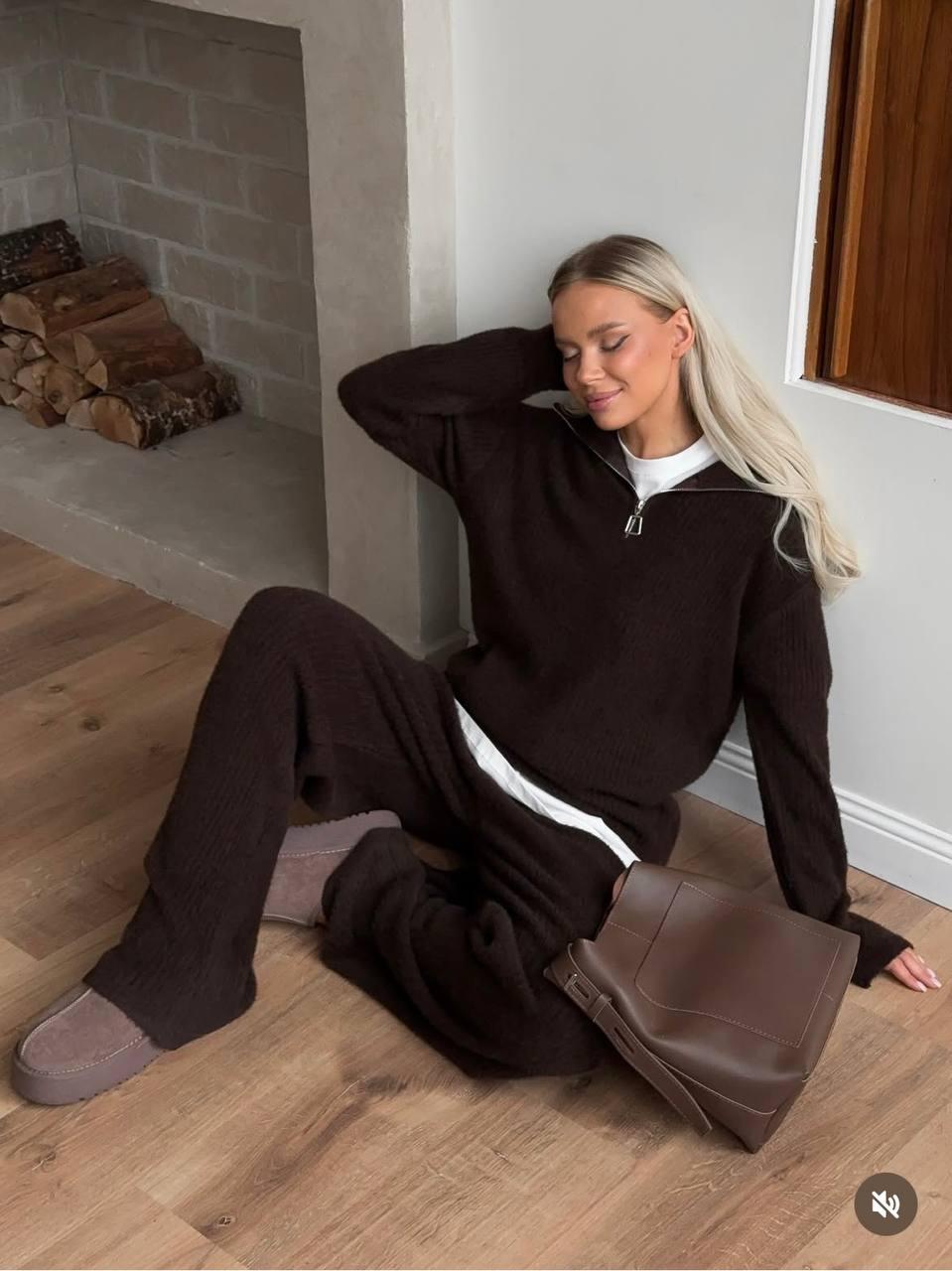 В’язаний костюм з ангори рубчик Модель: 842-090 Колір: чорний, шоколад, сірий, фото 1