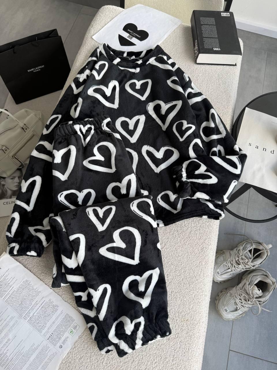 Тепла зимова жіноча модна махрова піжама кофта та штани костюм у серця подарунок домашній комплект для сну плюш двосторонній, фото 1