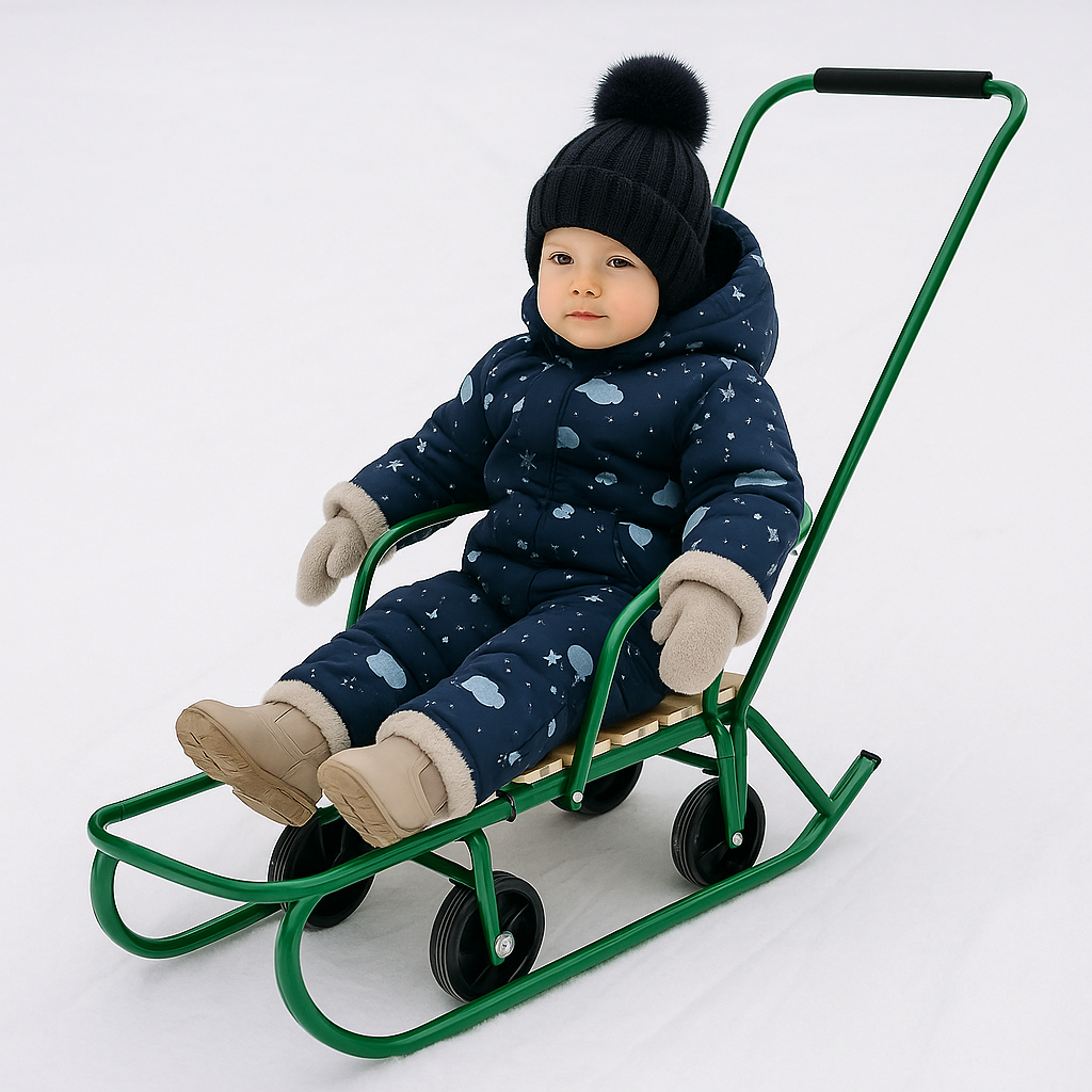 Дитячі санки Baby Elit із висувними колесами, зручною спинкою та складною ручкою. Зимові санчата для дітей, зеленого кольору.