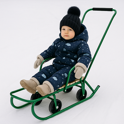 Дитячі санки Baby Elit із висувними колесами, зручною спинкою та складною ручкою. Зимові санчата для дітей, зеленого кольору., фото 1