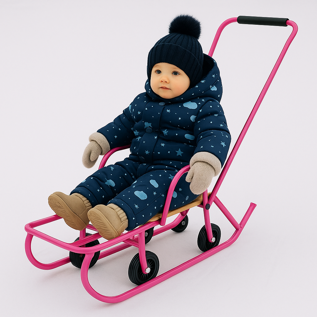 Дитячі санки Baby Elit із висувними колесами, зручною спинкою та батьківською ручкою — комфортні та практичні санчата рожевого кол