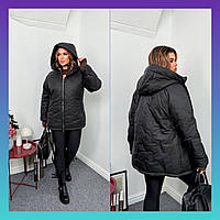 Женская демисезонная куртка батал удлиненная на змейке синтепон с капюшоном черная большие размеры