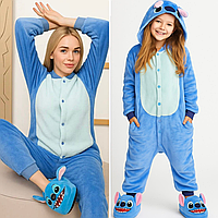 Кигуруми пижама Стич с Тапочками синий детская для мальчиков и девочек и взрослая женская, флисовая теплая