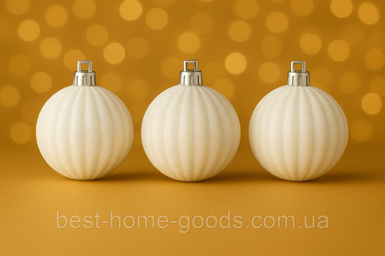 Набір новорічних кульок «Рельєфна» — ялинкові іграшки з блискітками, не б’ються, 6 штук, Ø8 см, пластикові, різнокольорові, фото 1