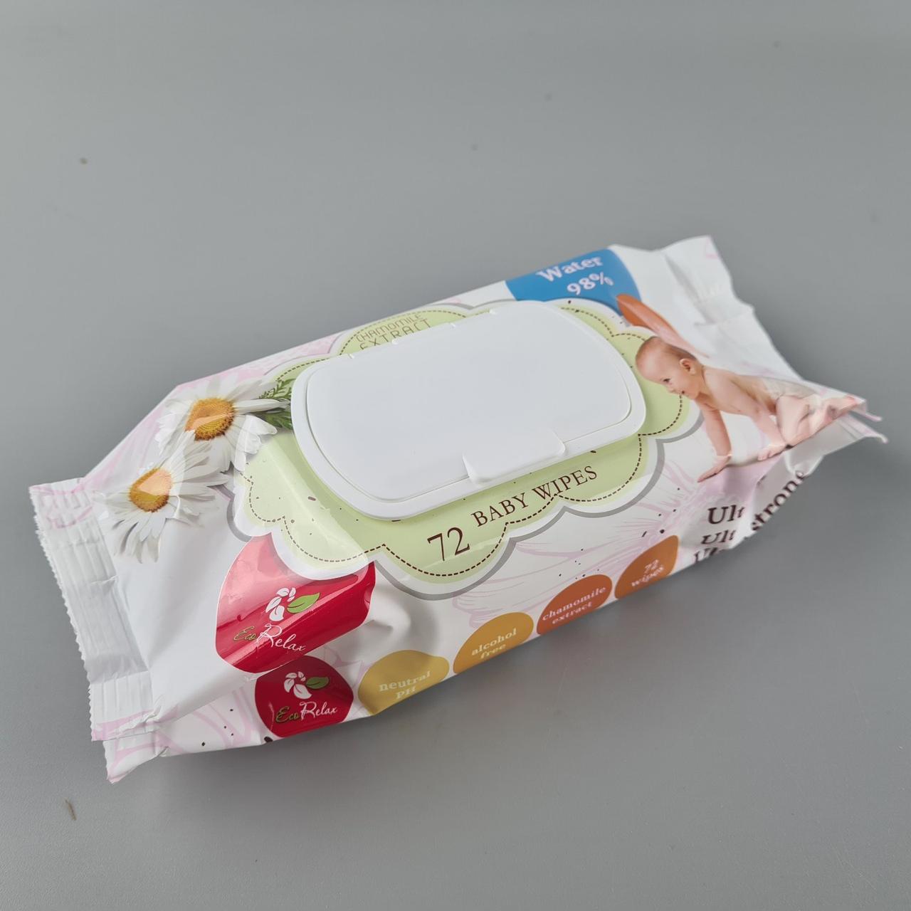 Волога серветка 72 шт. з клапаном "EcoRelax" Дитяча (1 пачка), фото 1