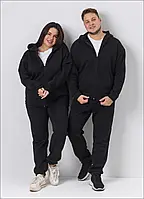Однакові спортивні костюми для пари зимові з тринитки на блискавці кофта та штани на флісі чорний