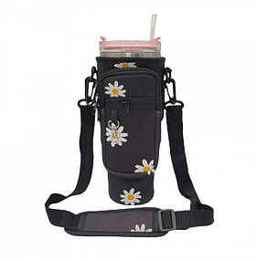 Чохол-сумка для термокружки Stanley Quencher 1,18 л чорна ромашка KT7001313 з ремінцем, захисний кейс для кухля