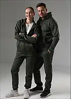 Зимовий спортивний костюм парний для чоловіків та жінок із тринитки на блискавці кофта та штани на флісі хакі