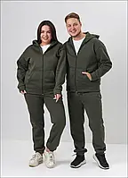 Теплий спортивний костюм для пари зимовий на флісі із тринитки на блискавці кофта та штани хакі