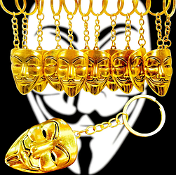 Брелок Маска ГайФокс метал золото 5 см 06973