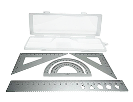 Набір Лінійок метал 20 см + 2 трикутники + транспортир у пеналі 01986