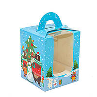 Коробка 82х82х100 (на 1 капкейк) з вікном "Новорічний сніговик"