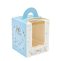 Коробка 82х82х100 (на 1 капкейк) з вікном "Новорічний віночок" блакитна