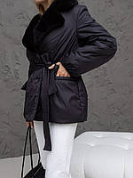 Зимова коротка жіноча куртка з поясом та хутром Prada тм Leo Pride Розміри 40 - 52