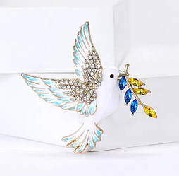 Брошка патріотична Голуб миру у білому кольорі з листочком