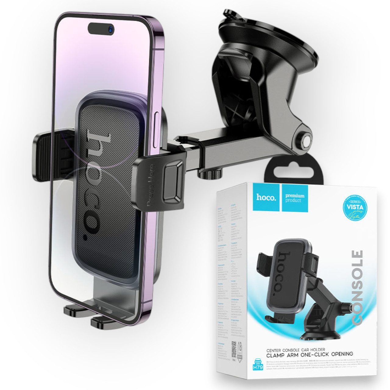 Автотримач для телефону HOCO H79 автомобільний тримач на панель або лобове скло, холдер для авто, чорний, фото 1