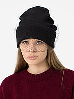 Шапка панчоха в рубчик з вуаллю демісезонна D.Hats чорного кольору