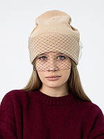 Шапка панчоха в рубчик з вуаллю демісезонна D.Hats бежевого кольору