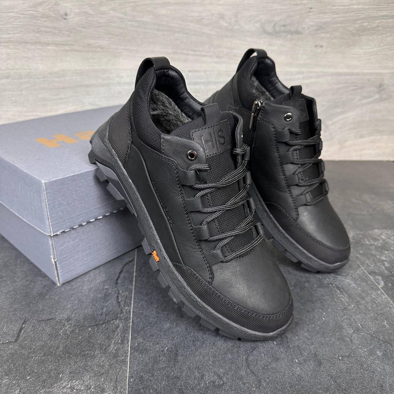 Зимові чоловічі шкіряні черевики, кросівки на блискавці чорні утеплені з натуральної шкіри на хутрі на зиму, розмір 40-45, фото 1