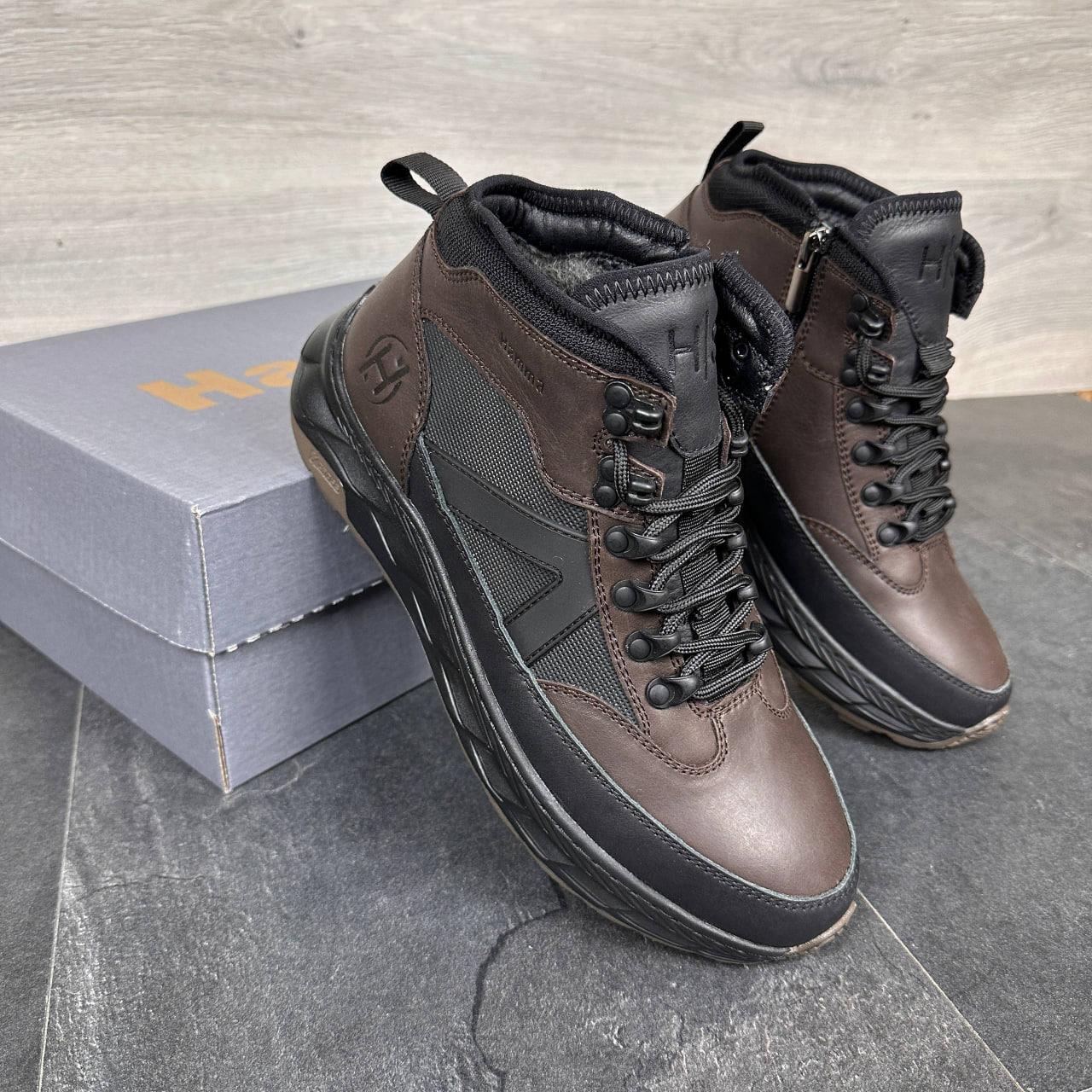 Зимові чоловічі шкіряні черевики, кросівки на блискавці коричневі утеплені з натуральної шкіри на хутрі на зиму, розмір 40-45, фото 1