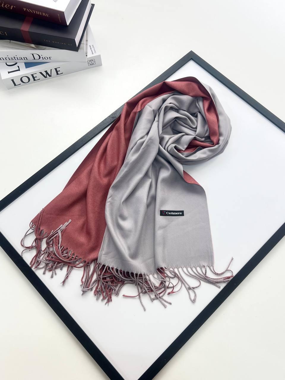 Кашеміровий двосторонній шарф палантин Онтаріо 185*70 см сірий/бордовий