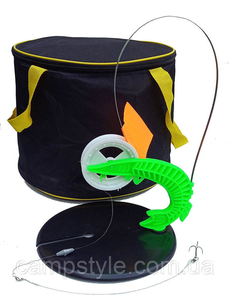 Набір обладнаних зимових жерлиць із фіксатором Щука зелена, 10 шт. у сумці