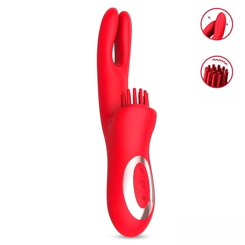 Потрійний вібратор з почерговими рухами двох частин та щітковим стимулятором клітора червоний 24.5 см, фото 1