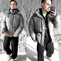 Чоловіча куртка осінь-зима плащівка сіра з капюшоном тепла еко-пух балонова