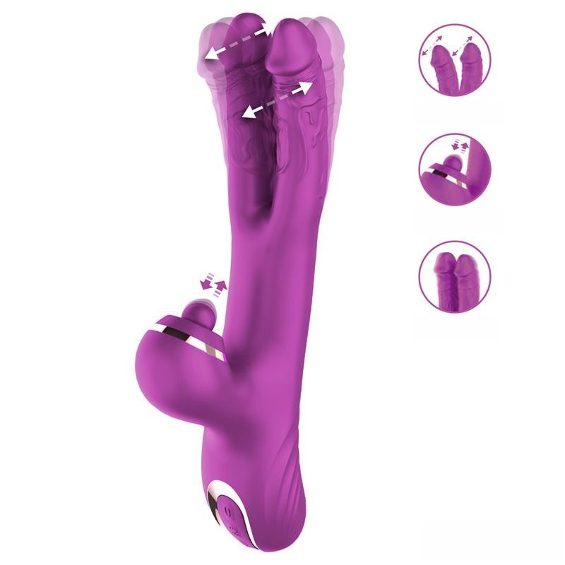 Потрійний вібратор з почерговими поштовхами двох фалосів та ритмічним шариком для клітора фіолетовий 22.6 см, фото 1