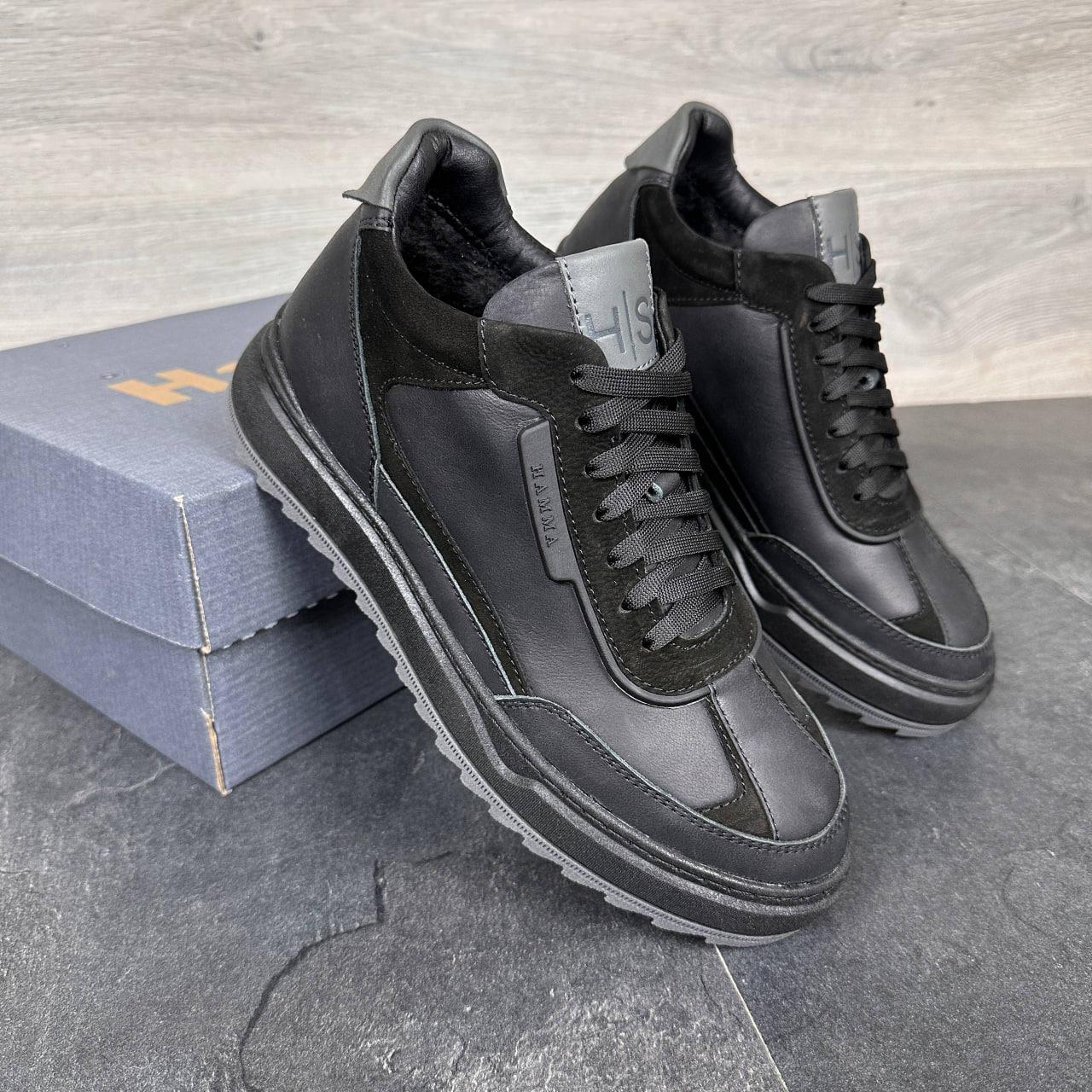 Зимові чоловічі шкіряні черевики, кросівки на блискавці чорні утеплені з натуральної шкіри на хутрі на зиму, розмір 40-45, фото 1