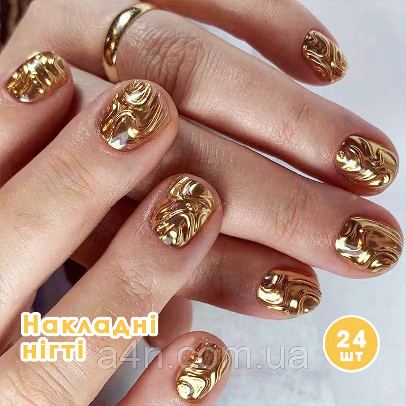 Накладні нігті 24 шт. 3D золото + клей для нігтів, типси овал для манікюру - (01896), фото 1