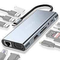 11в1 Type-C хаб для ноутбука Addap MH-13, багатофункціональний розгалужувач: 4 x USB 3.0 + Type-C + HDMI + VGA + Ethernet + SD +
